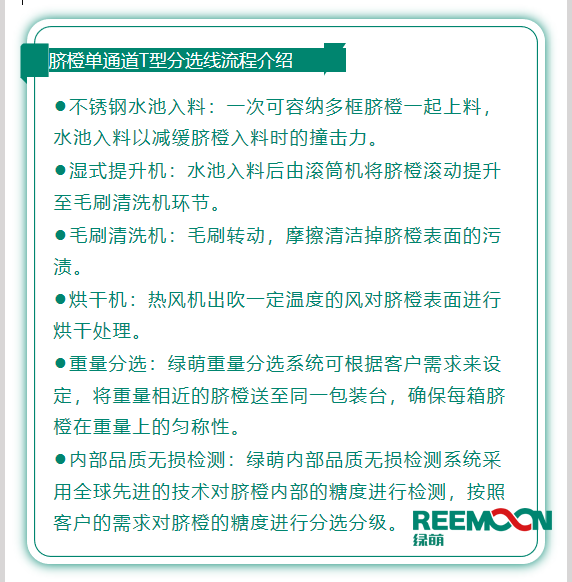今年綠萌推出T型系列設(shè)備，專為中國(guó)果農(nóng)研制的高性價(jià)比的設(shè)備，具有功能齊全、小型輕便可移動(dòng)、操作簡(jiǎn)單、易維護(hù)的優(yōu)點(diǎn)。臍橙單通道分選線確保每箱分選過的臍橙個(gè)頭勻稱、糖酸度相近，有著穩(wěn)定的品質(zhì)，讓非標(biāo)準(zhǔn)的農(nóng)產(chǎn)品標(biāo)準(zhǔn)化。該分選線專門為中國(guó)小戶果農(nóng)定制，為客戶實(shí)地考察，根據(jù)客戶需求全流程設(shè)計(jì)，